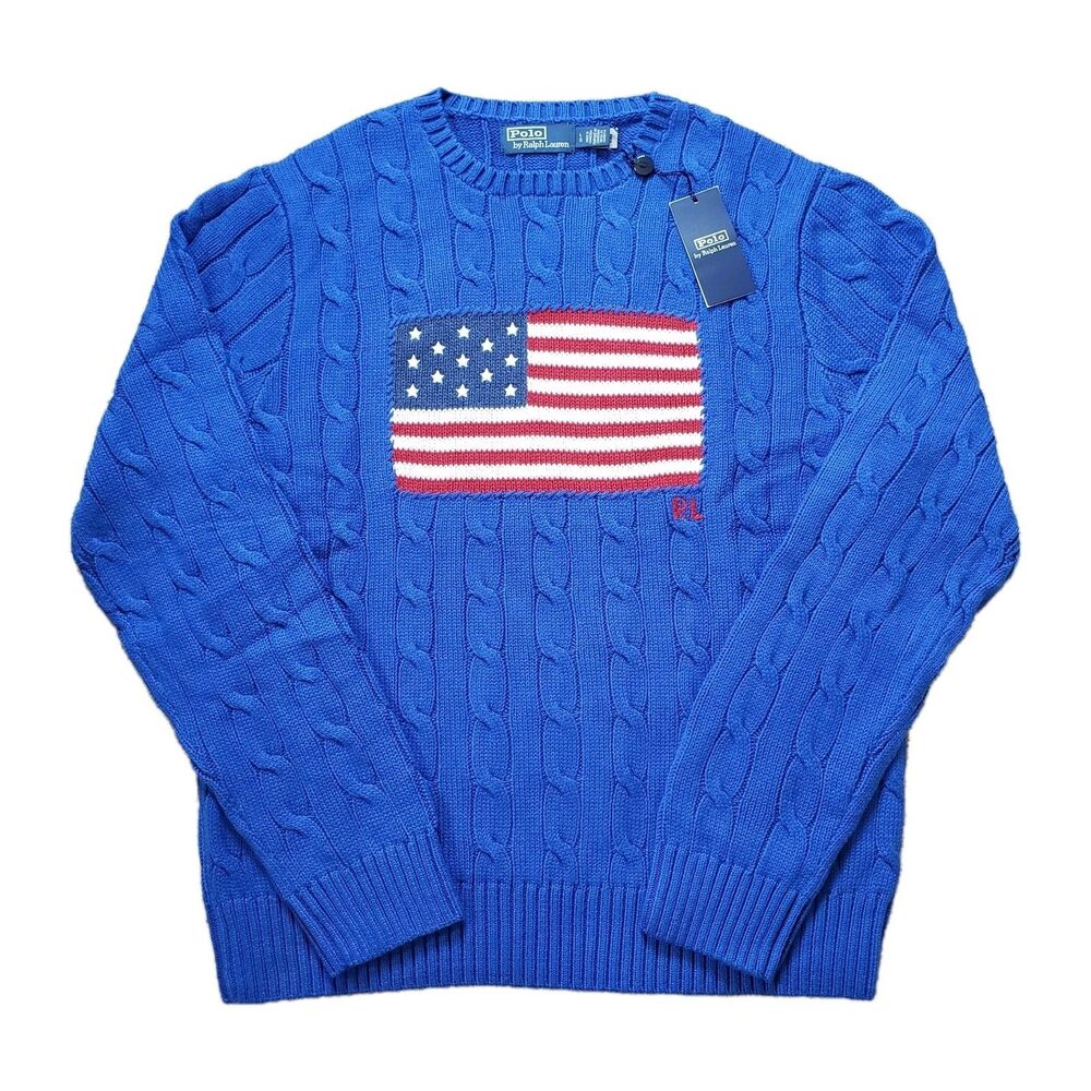 Polo Ralph Lauren Iconic Flag Sz Large Cable Knit Olympic Royal Blue Sweater NWT